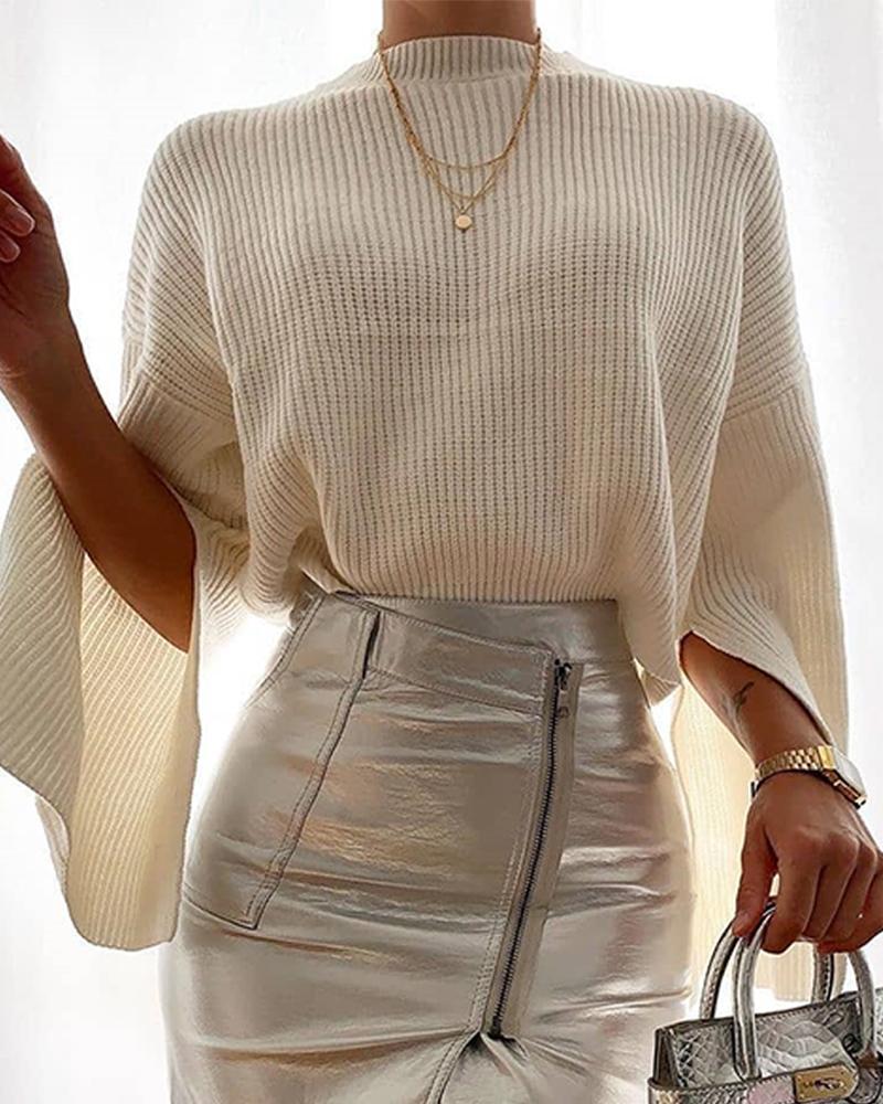Solid Flare Sleeve Ribbed Top