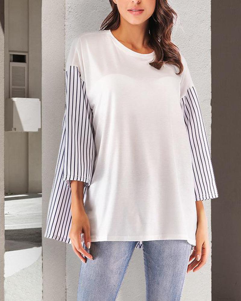 Outlet26 Round Neck Striped Sleeve Top white