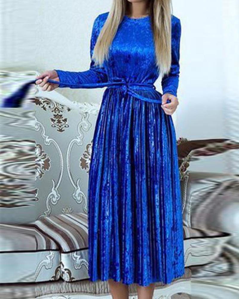 Outlet26 Velvet Tie Waist Pleated Dress blue