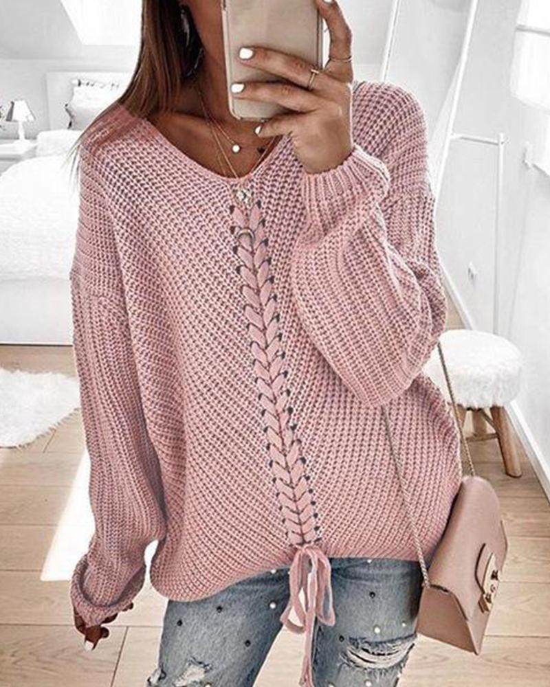 Outlet26 V Neck Rib Knit Sweater pink