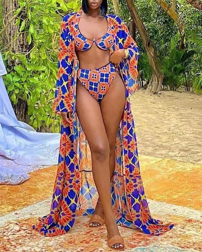 Floral Pattern Print Bikini Set With Longline Cover Up