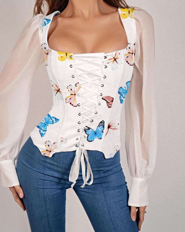 Eyelet Lace Up Butterfly Print Mesh Top