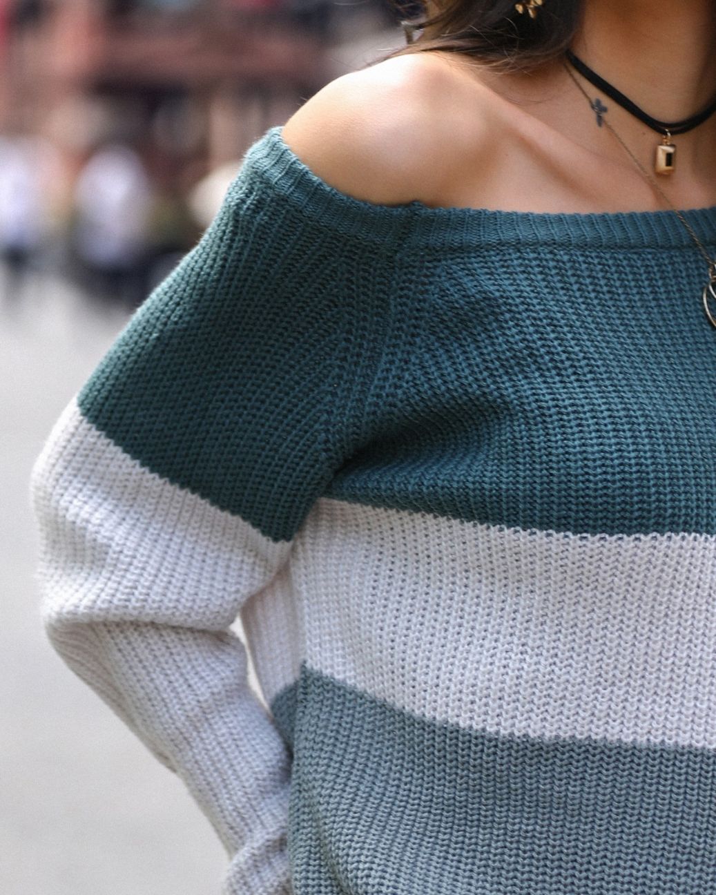 Contrast Color Shirring One Shoulder Casual Sweater