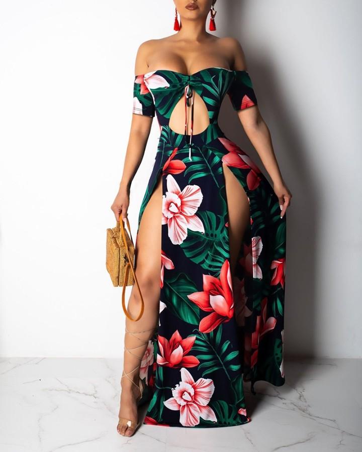 Off Shoulder Floral High Slit Maxi Dress