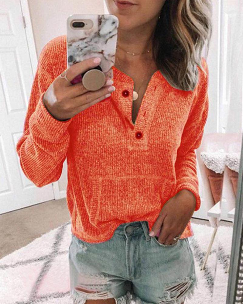 Ribbed Button Neck Casual Top