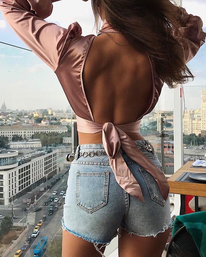 Solid Tied Backless Lantern Sleeve Ruched Crop Top