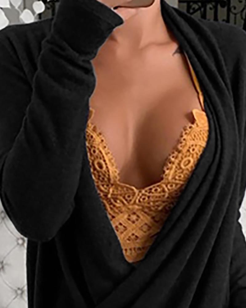 Solid V Neck Surplice Wrap Long Sleeve Ruched Blouse