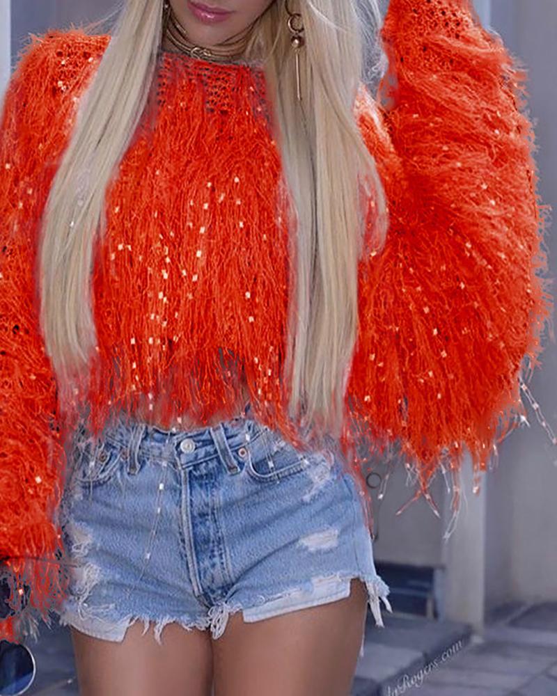 Solid Round Neck Fringed Fluffy Crop Sweater
