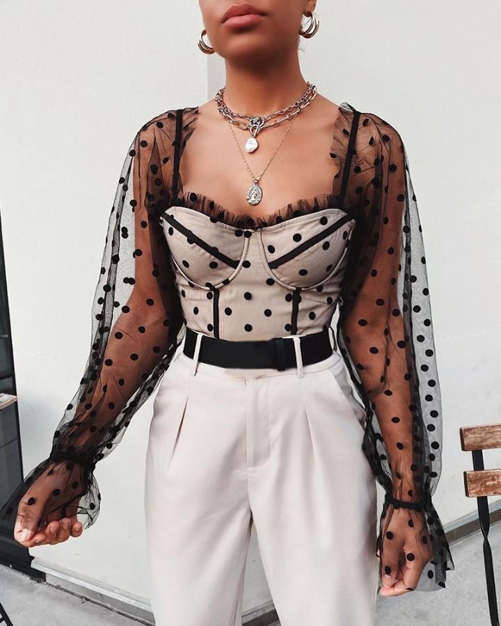 Outlet26 Dot Mesh See Through Cropped Top black