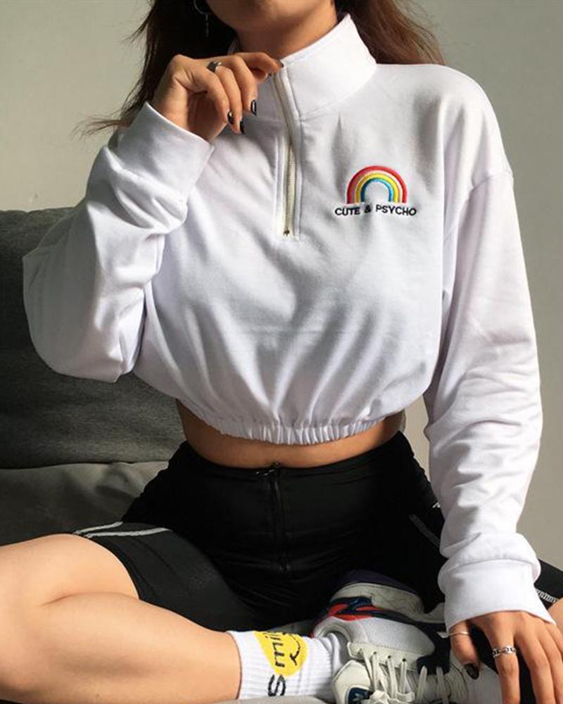 Outlet26 Rainbow Embroidery Crop Sweatshirt white