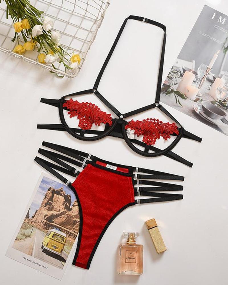 Colorblock Patchwork Strap Skinny Bra With Panties Sexy Sets