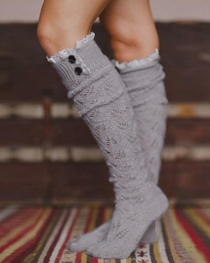 Solid Lace Patchwork Cut-out Midi-calf Socks