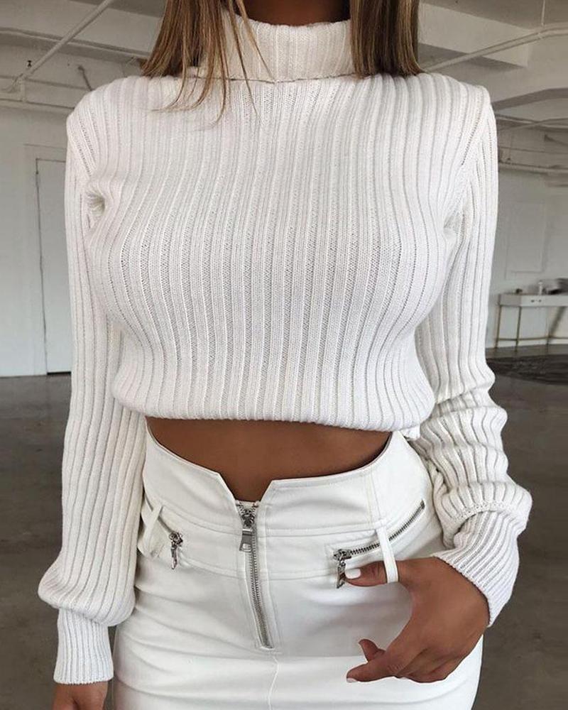 Outlet26 High Neck Sweater Crop Top white