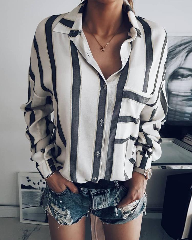Outlet26 Fashion Women Buttoned Stripe Print Blouse MultiStyle