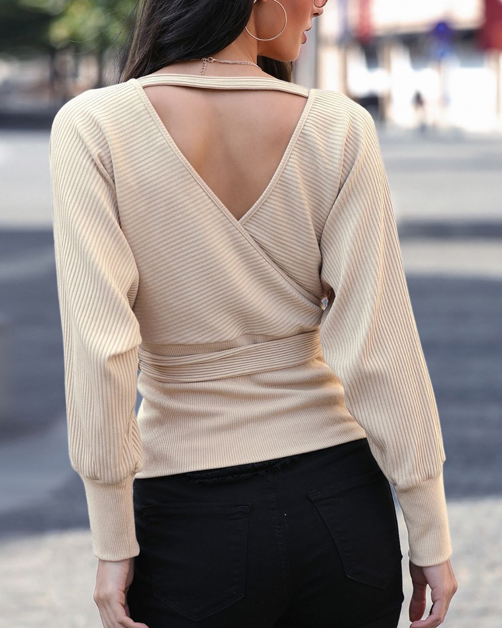 Solid V-Neck Long Sleeve Wrap Sweater