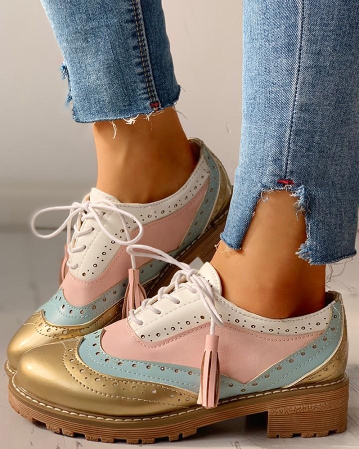 Lace-Up Sequins Insert Flat Shoes