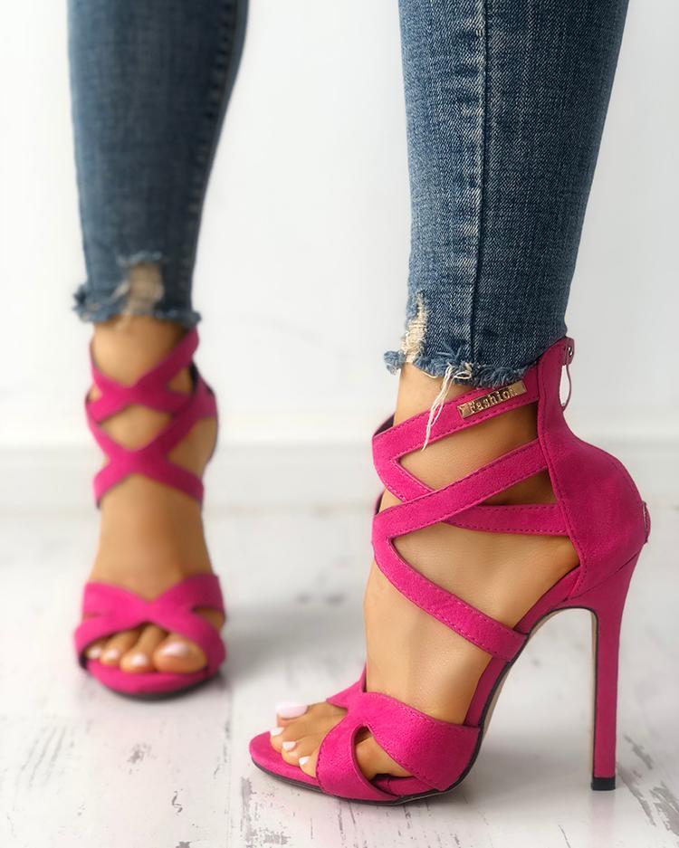 Solid Color Caged Bandage Thin Heeled Sandals