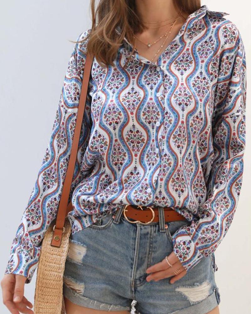 V Neck Ethnic Print Button-Up Top