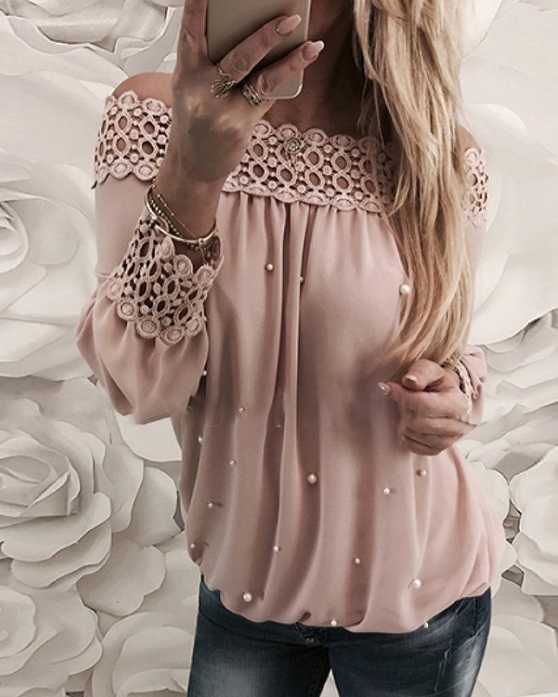 Off Shoulder Beaded Hollow Out Blouse