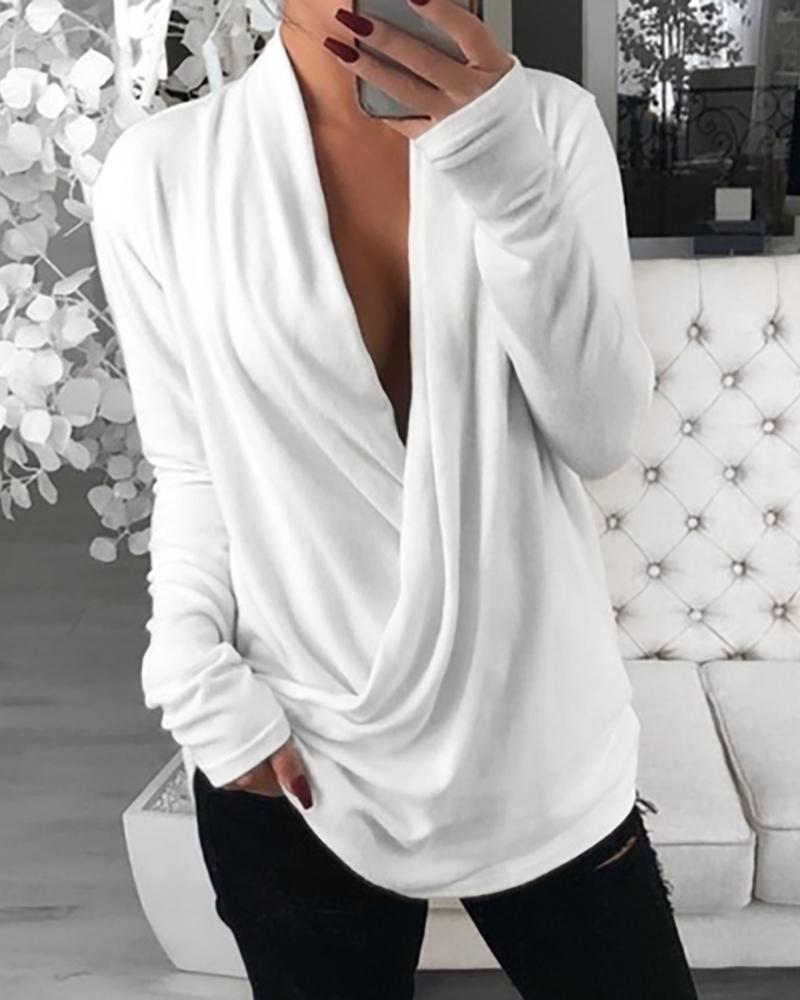 Outlet26 Solid V Neck Surplice Wrap Long Sleeve Ruched Blouse white