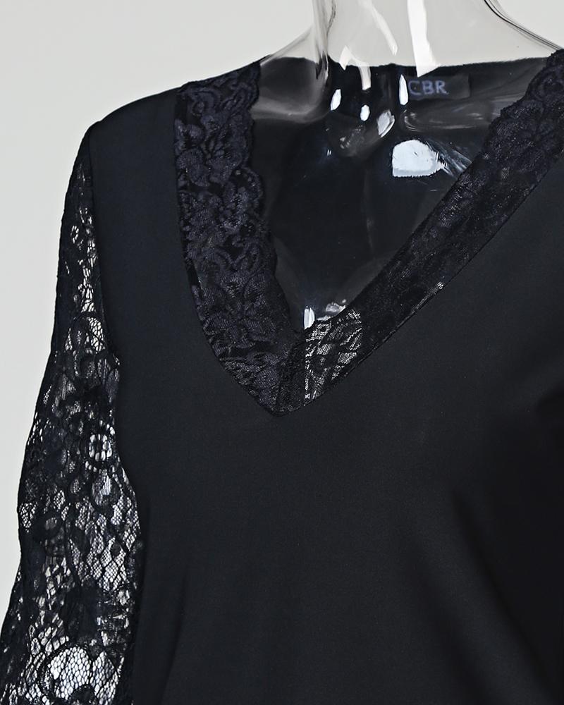 Long Sleeve V-Neck Lace Insert Casual Top