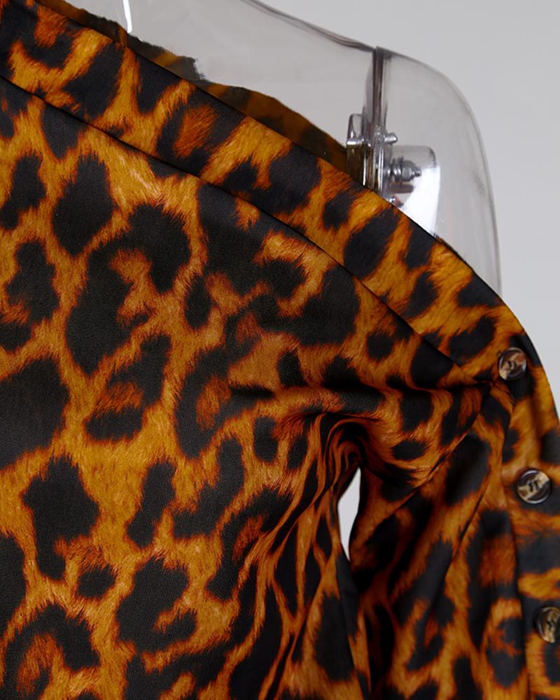 Skew Neck Leopard Print Buttoned Blouse