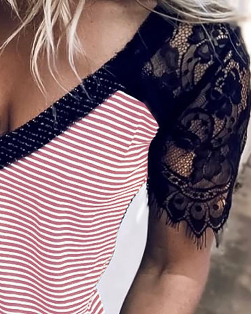 Eyelash Lace Striped Short Sleeve T-shirt