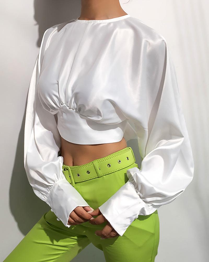Solid Lantern Sleeve Tied Backless Cropped Blouse