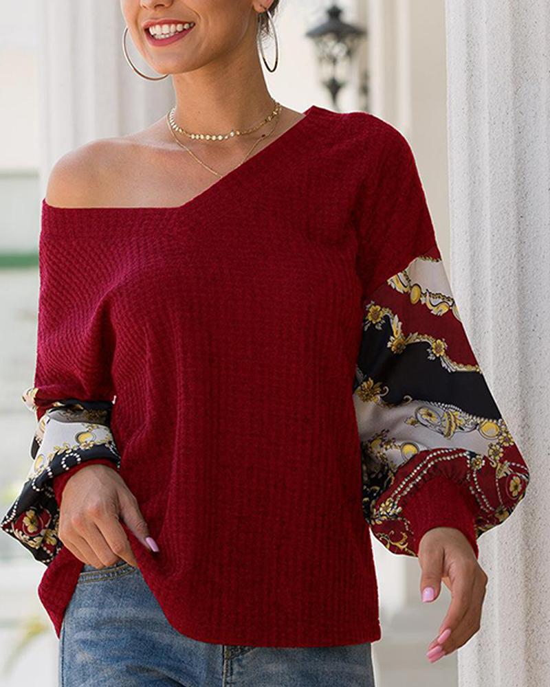 Outlet26 V Neck Printed Sleeve Top Wine red