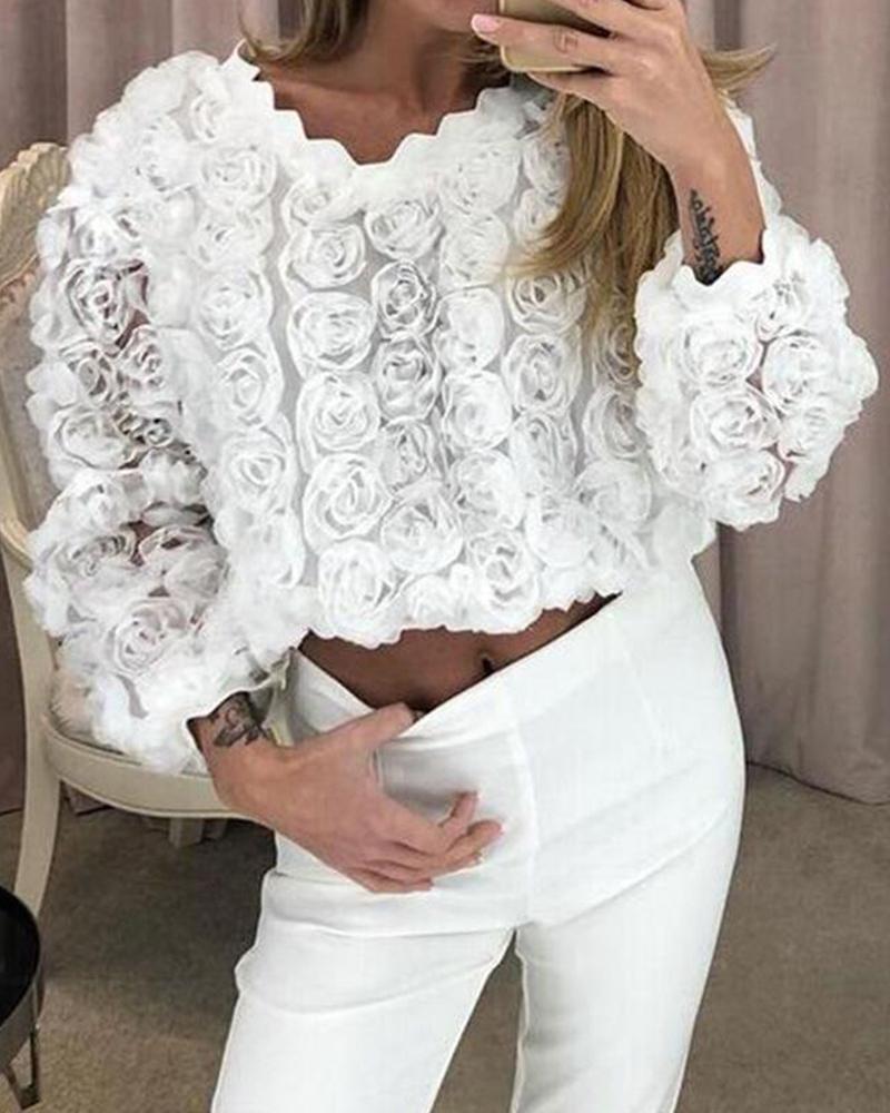 Outlet26 Scalloped Rose Floral Mesh Top white