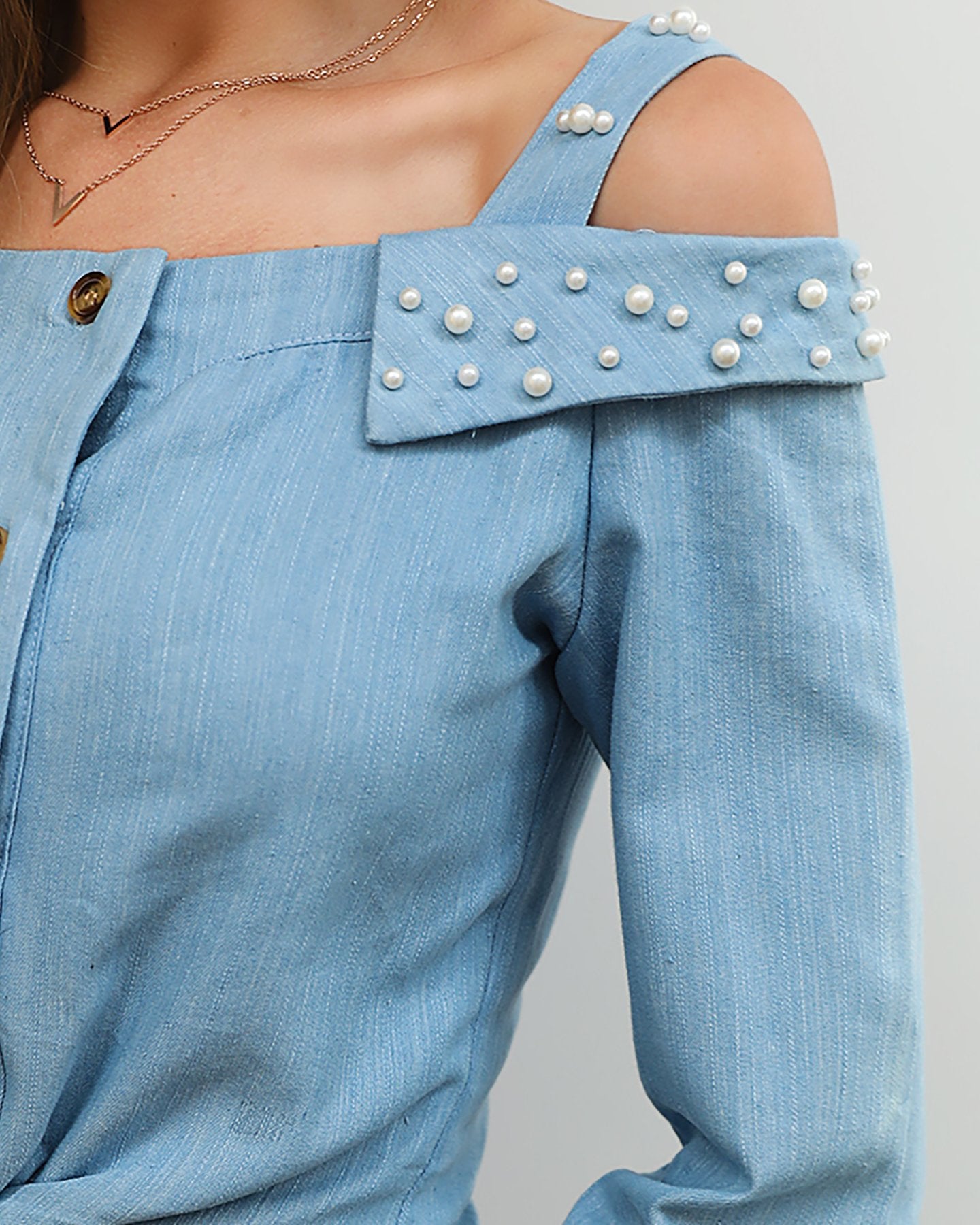 Cold Shoulder Beaded Knotted Detail Blouse