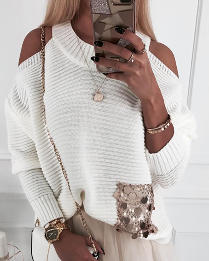 Cold Shoulder Batwing Sleeve Ribbed Sequins Insert Sweater