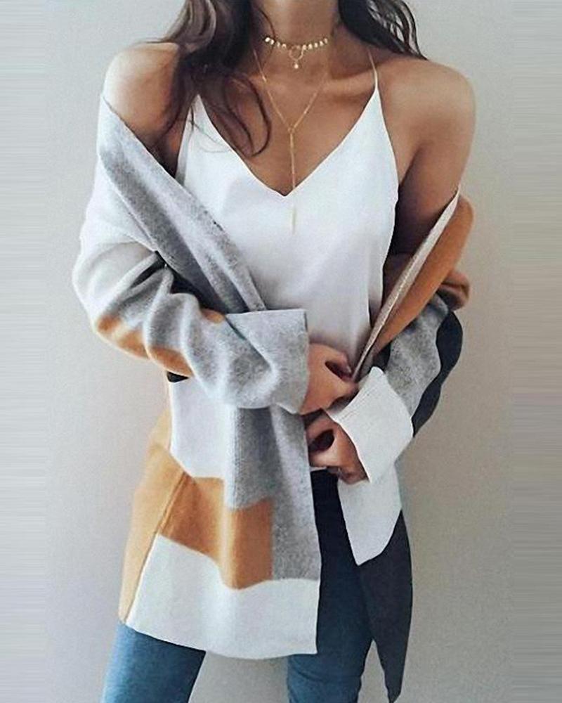 Open Front Colorblocks Knitted Cardigan