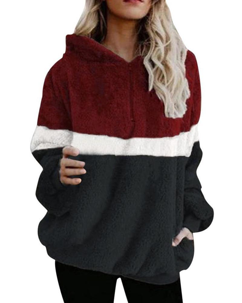 Faux Fleece Casual Hooded Pullover