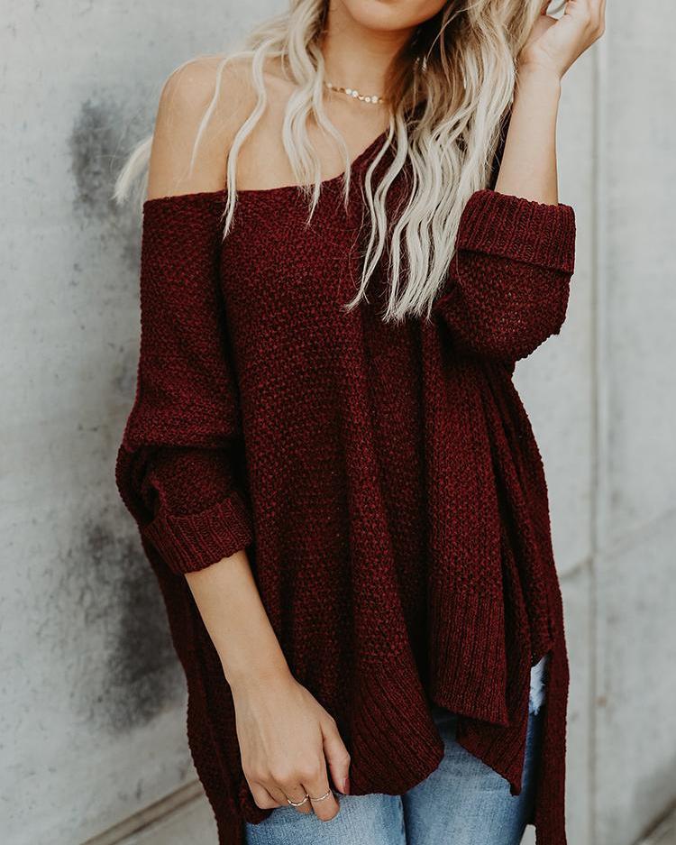 Solid V Neck Knitted Casual Sweaters
