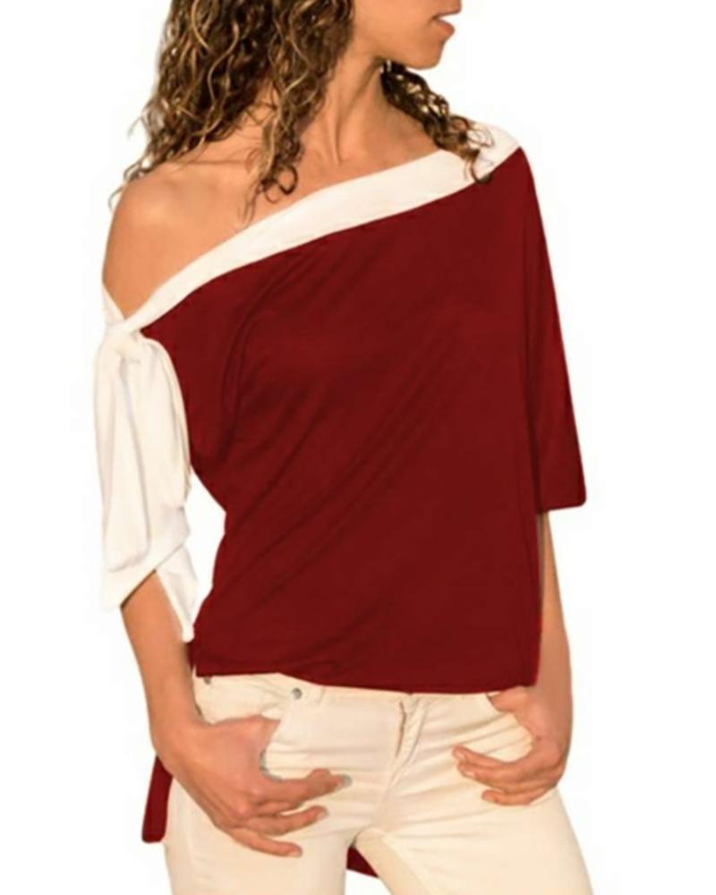 One Shoulder Colorblock Knotted Top