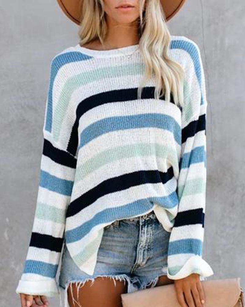 Long Sleeve Draped Striped Ribbed Sweater