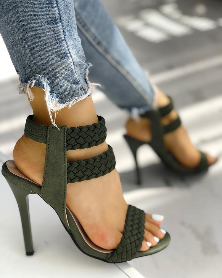Hot Summer Knitted Ankle Strap Peep-toe Heeled Sandals