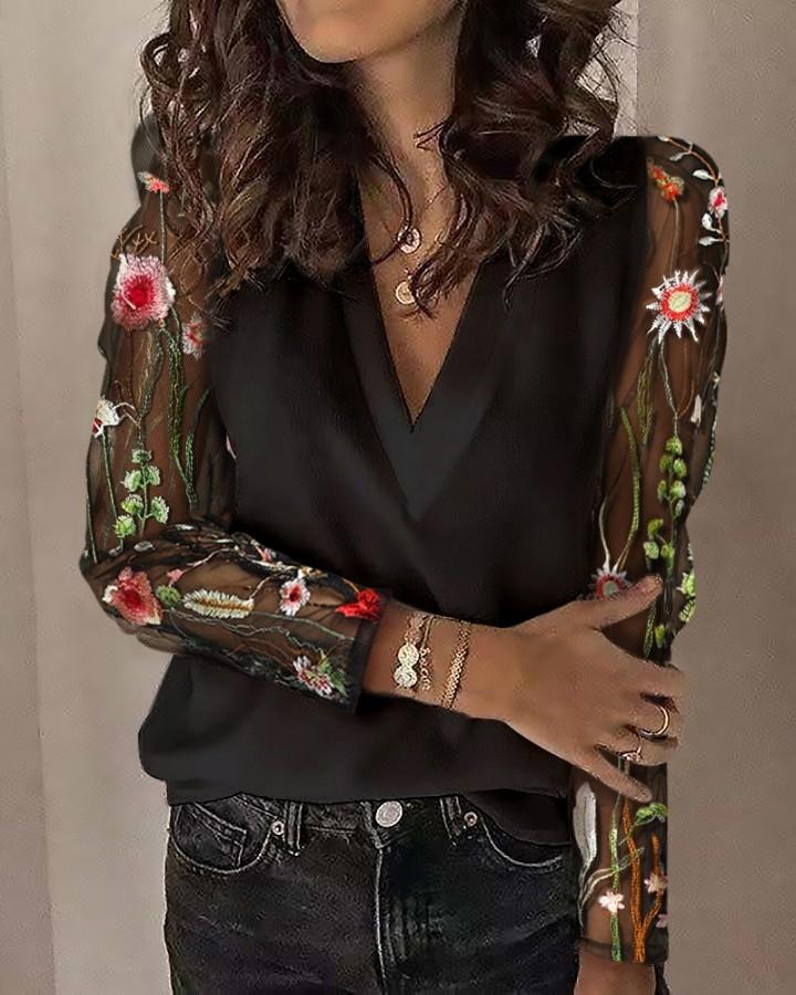 Outlet26 Floral Embroidery Long Sleeve Blouse black