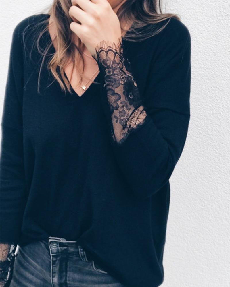 V-Neck Lace Detail Cuff Top