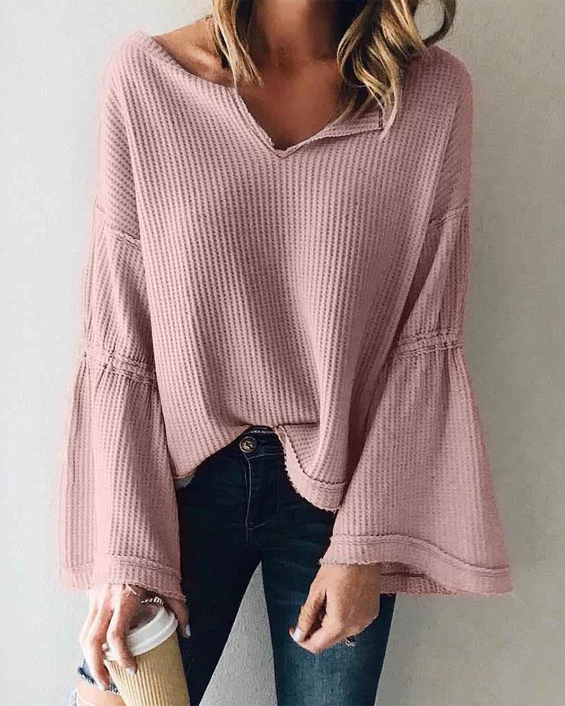 Outlet26 Solid Bell Sleeve Casual Top pink