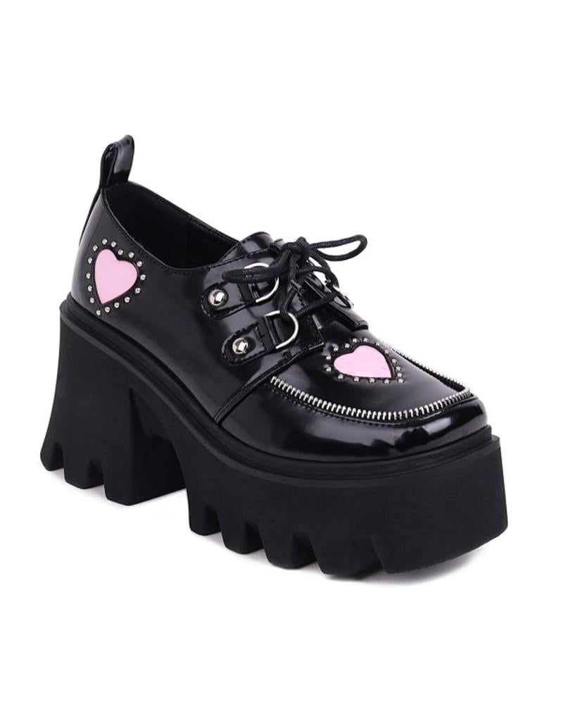 Chic Womens Heart Patchwork Square Toe Shiny Finish Lace-up Platform Shoes