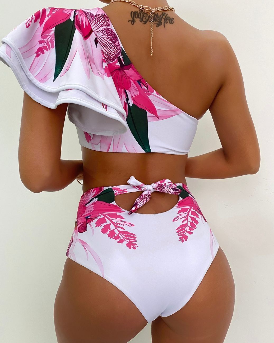 One Shoulder Floral Print Ruffles Bikini Set