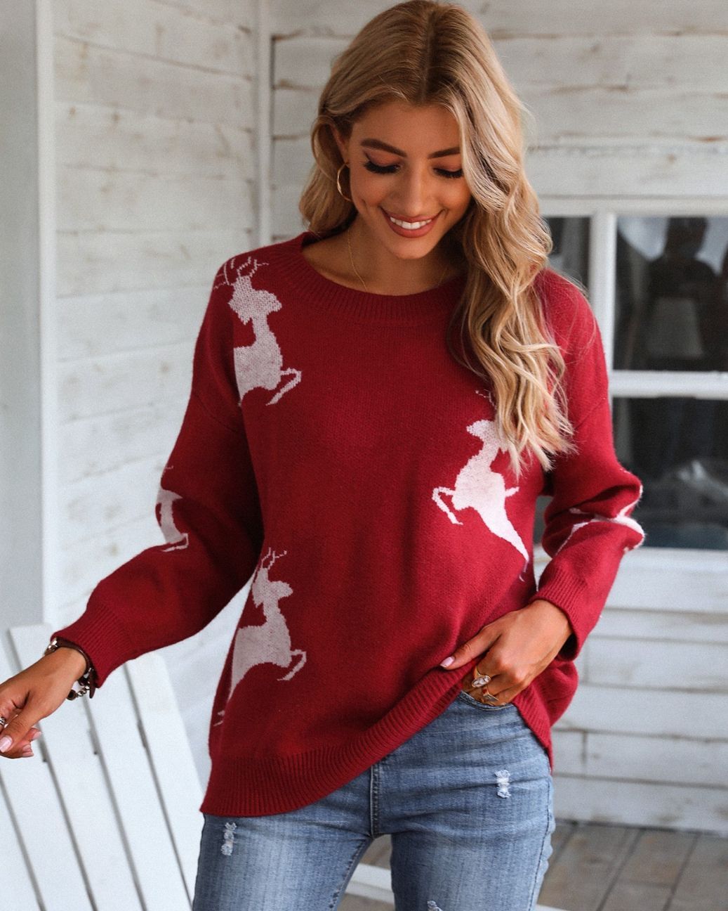 Christmas Reindeer Print Long Sleeve Ugly Sweater