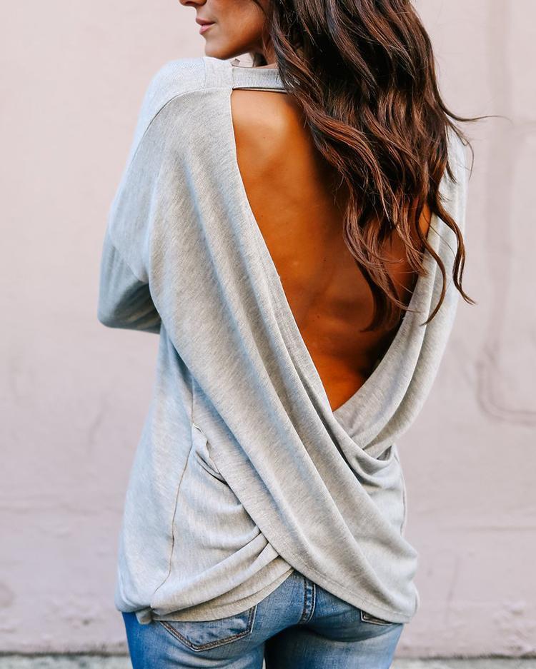 Outlet26 Fashion Open Back Crisscross Loose T-shirts gray