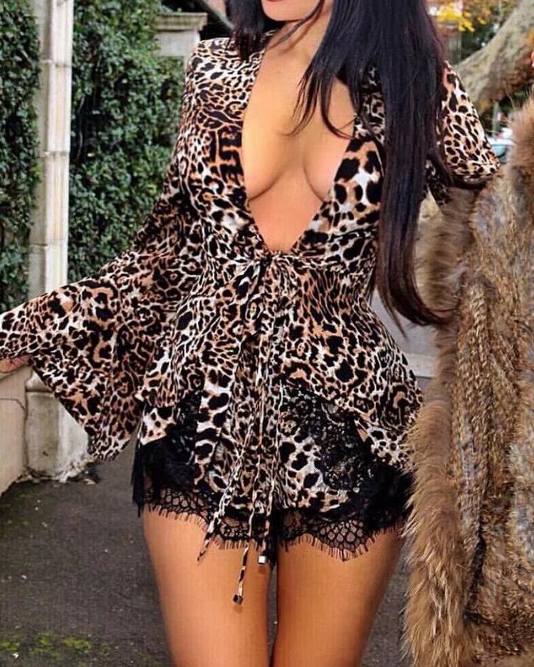 Leopard Print Knot Flared Sleeve Blouse