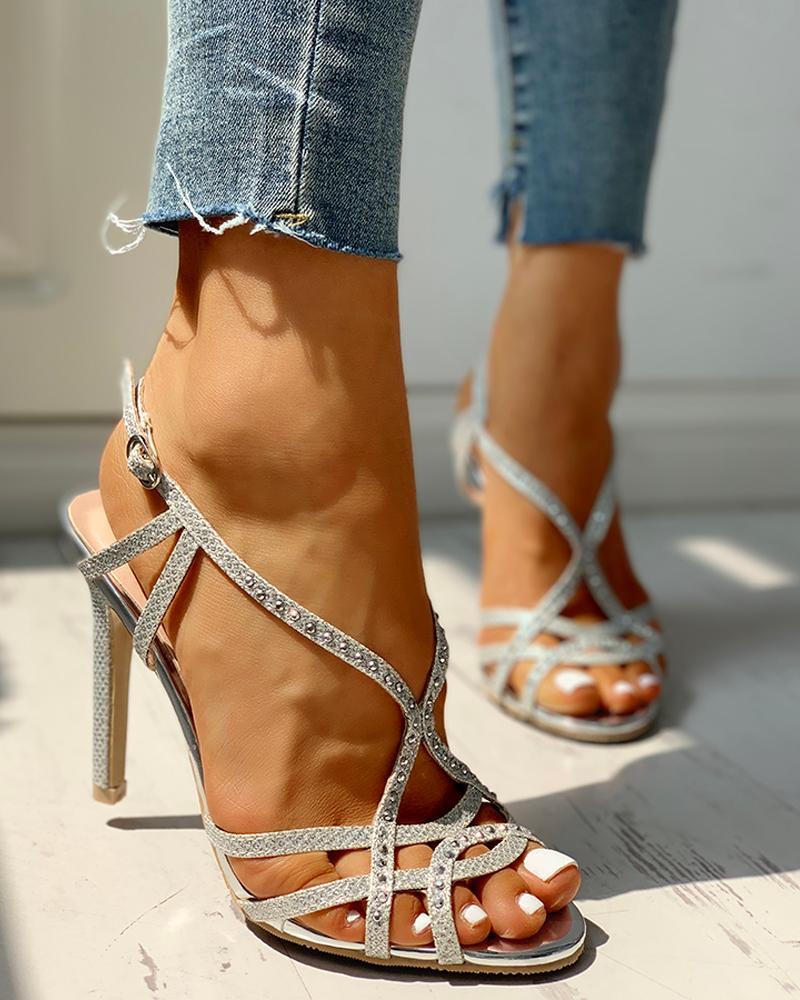 Crisscross Design Studded Ankle Strap Heeled Sandals
