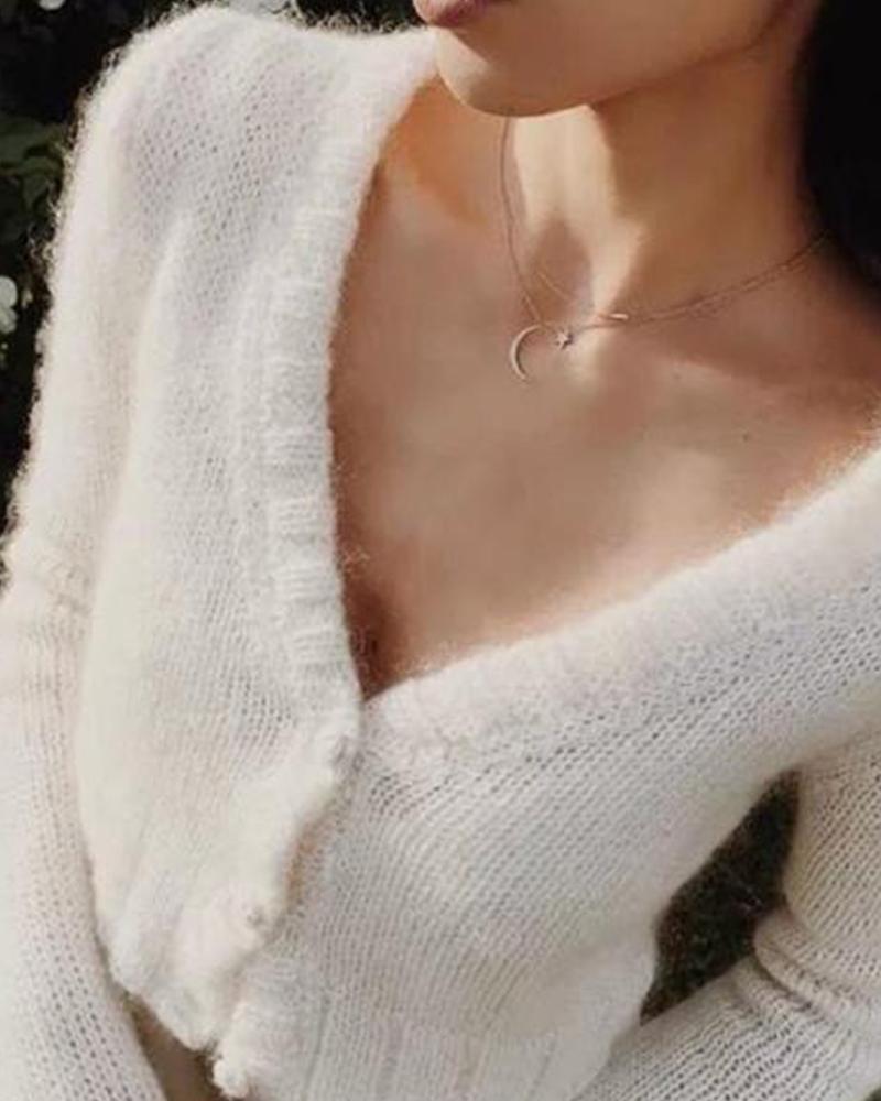V-neck Plush Knit Sweater Cardigan Velvet Tops