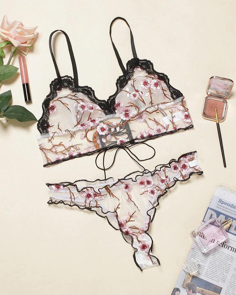 Flowers Embroidery Lace Patchwork Strap Bra With Panties Sexy Sets
