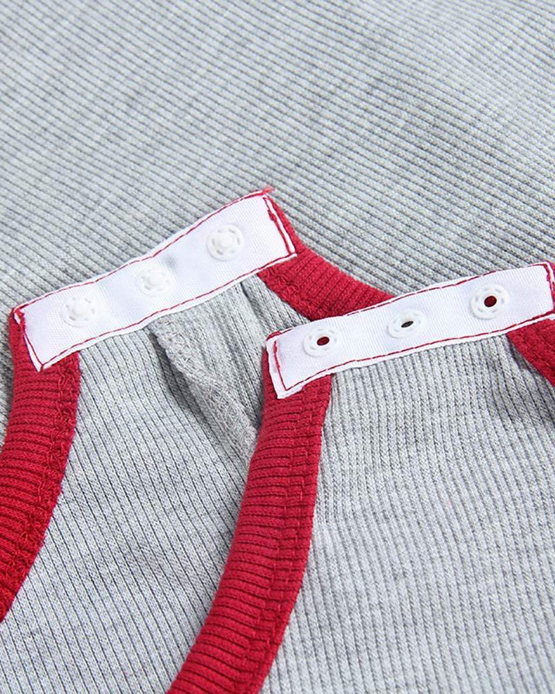 Contrast Binding V-neck Button Design Long Sleeve Romper